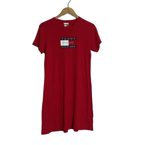 Vintage90s Tommy Hilfiger Flag Logo Mini Shirt Dress Red Size L - Picture 1 of 5